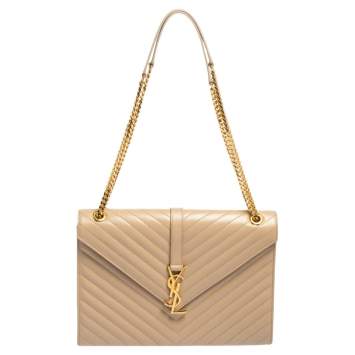 Pre Owned Saint Laurent Beige Matelassé Leather Monogram Envelope Shoulder Bag
