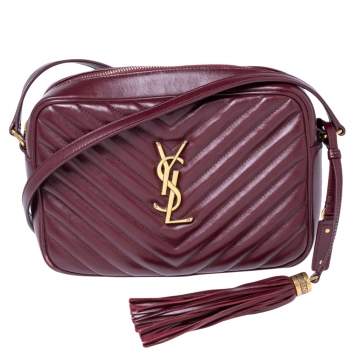 Pre Owned Saint Laurent Burgundy Matelassé Leather Monogram Lou Camera Crossbody Bag