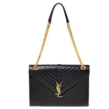 Pre Owned Saint Laurent Black Matelassé Leather Monogram Envelope Shoulder Bag