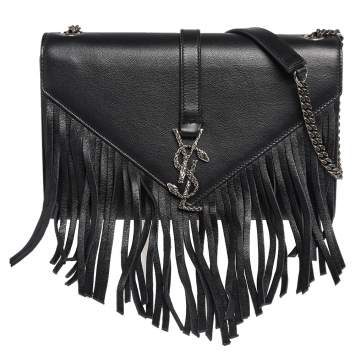 Pre Owned Saint Laurent Black Leather Medium Fringe Envelope Shoulder Bag