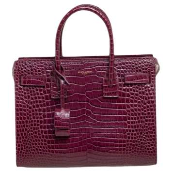Pre Owned Saint Laurent Burgundy Croc Embossed Leather Baby Classic Sac De Jour Tote