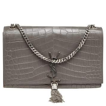 Pre Owned Saint Laurent Grey Croc Embossed Leather Medium Kate Monogram Tassel Shoulder Bag