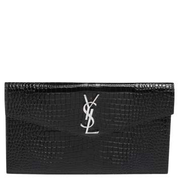 Pre Owned Saint Laurent Black Croc Embossed Leather Uptown Clutch