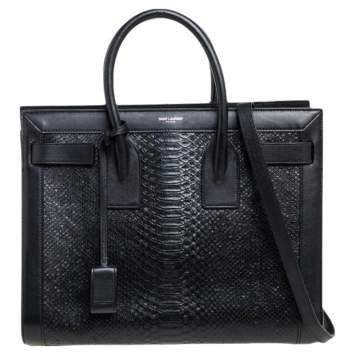 Pre Owned Saint Laurent Black Python Embossed and Leather Small Classic Sac De Jour Tote