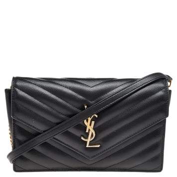 Pre Owned Saint Laurent Black Matelassé Leather Monogram Clutch