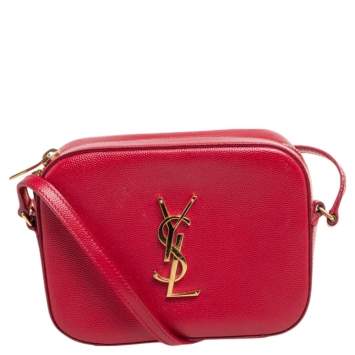 Pre Owned Saint Laurent Red Grained Leather Mini Monogram Camera Crossbody Bag