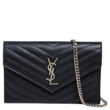 Pre Owned Saint Laurent Black Matelasse Leather Monogram Envelope Wallet on Chain