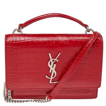 Pre Owned Saint Laurent Red Croc Embossed Leather Small Sunset Shoulder Bag