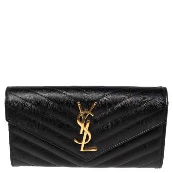 Pre Owned Saint Laurent Black Matelassé Leather Flap Monogram Wallet