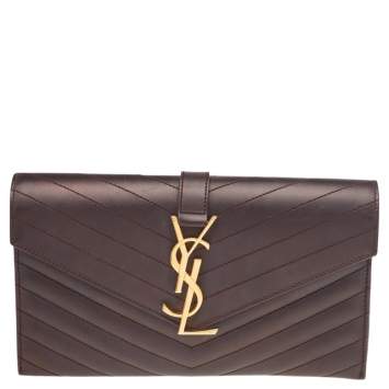 Pre Owned Saint Laurent Dark Brown Matelassé Leather Monogram Envelope Clutch