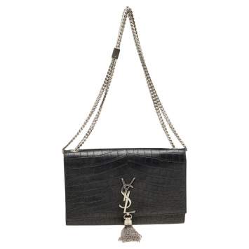 Pre Owned Saint Laurent Black Croc Embossed Leather Medium Kate Tassel Shoulder Bag