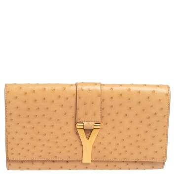 Pre Owned Saint Laurent Beige Ostrich Y-Ligne Clutch