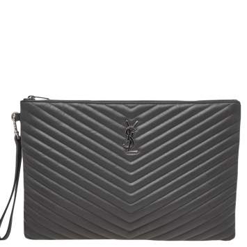 Pre Owned Saint Laurent Black Matelasse Leather Monogram Clutch
