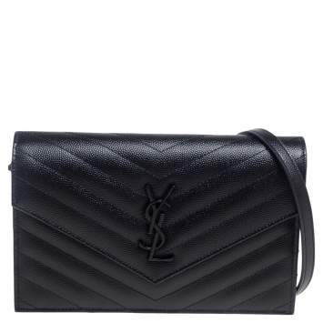 Pre Owned Saint Laurent Black Matelassé Leather Monogram Envelope Wallet on Chain