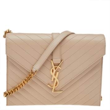 Pre Owned Saint Laurent Beige Chevron Quilted Leather Monogram Envelope Shoulder Bag