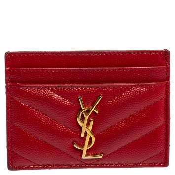 Pre Owned Saint Laurent Red Matelassé Leather Monogram Card Holder