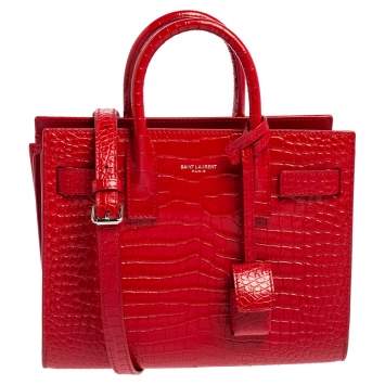 Pre Owned Saint Laurent Red Croc Embossed Leather Nano Classic Sac De Jour Tote
