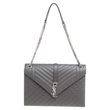 Pre Owned Saint Laurent Grey Quilted Leather Monogram Envelope Shoulder Bag