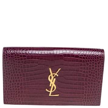 Pre Owned Saint Laurent Burgundy Croc Embossed Leather Monogram Clutch 