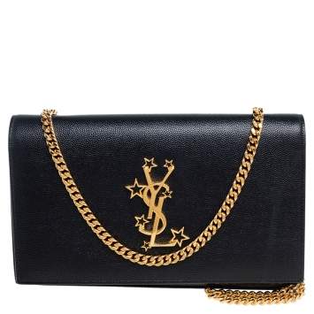 Pre Owned Saint Laurent Black Leather Star Studded Monogram Wallet on Chain
