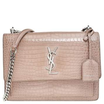 Pre Owned  Saint Laurent Beige Croc Embossed Leather Medium Sunset Shoulder Bag
