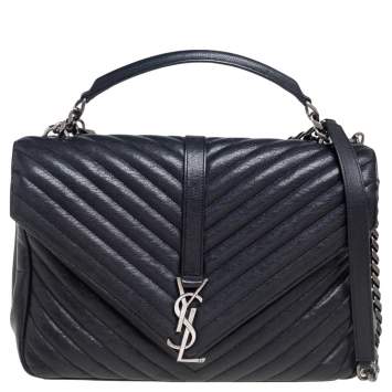 Pre Owned Saint Laurent Black Matelassé Leather Large College Top Handle Bag
