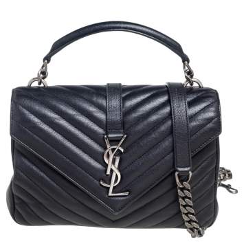 Pre Owned Saint Laurent Black Matelassé Leather Medium College Top Handle Bag
