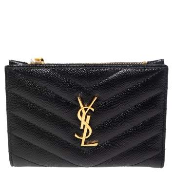 Pre Owned Saint Laurent Paris Black Matelassé Leather Monogram Zippered Card Case