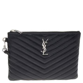 Pre Owned Saint Laurent Black Leather Matelassé Monogram Chevron Clutch