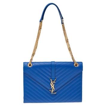 Pre Owned Saint Laurent Blue Leather Large Matelassé Envelope Shoulder Bag