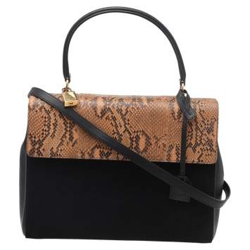 Pre Owned Saint Laurent Black/Beige Python Leather And Suede Medium Moujik Top Handle Bag