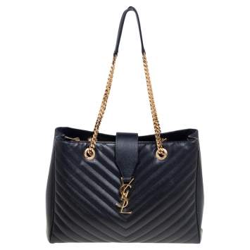 Pre Owned Saint Laurent Black Matelassé Leather Cassandre Shopper Tote