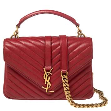 Pre Owned Saint Laurent Red Matelassé Leather Medium College Top Handle Bag