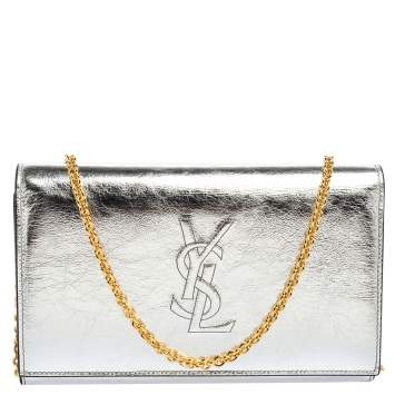 Pre Owned Saint Laurent Metallic Silver Leather Belle De Jour Chain Clutch