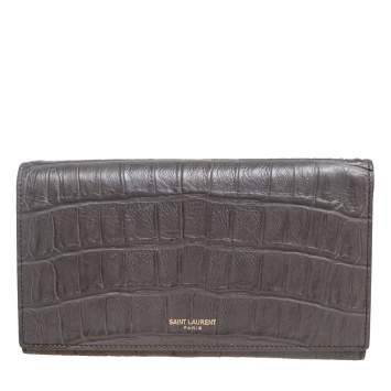مملوكة مسبقًا Saint Laurent Grey Croc Embossed Leather Flap Wallet