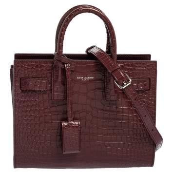 Pre Owned Saint Laurent Burgundy Croc Embossed Leather Nano Classic Sac De Jour Tote