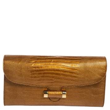 Pre Owned Saint Laurent Gold Lizard Embossed Leather Sac Muse Clutch