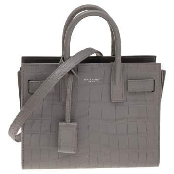 Pre Owned Saint Laurent Grey Croc Embossed Leather Nano Classic Sac De Jour Tote