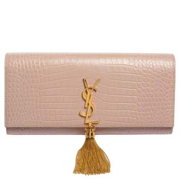 Pre Owned Saint Laurent Beige Croc Embossed Leather Kate Tassel Clutch