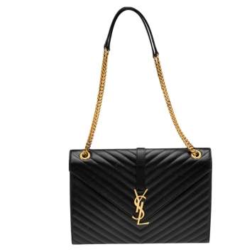 Pre Owned Saint Laurent Black Chevron Quilted Leather Monogram Envelope Shoulder Bag