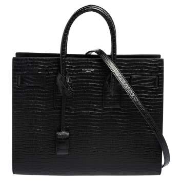 Pre Owned Saint Laurent Black Lizard Embossed Leather Small Classic Sac De Jour Tote