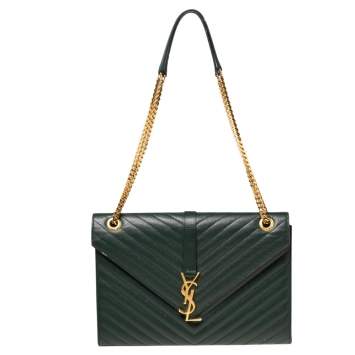 Pre Owned Saint Laurent Green Matelassé Leather Monogram Envelope Shoulder Bag