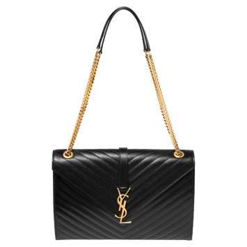 Pre Owned Saint Laurent Black Matelassé Leather Monogram Envelope Shoulder Bag
