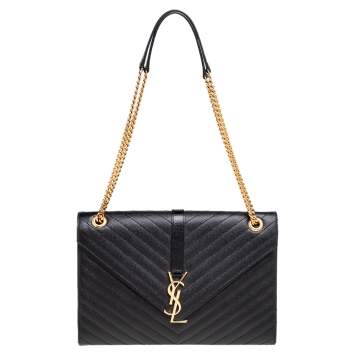 Pre Owned Saint Laurent Black Matelassé Leather Large Monogram Envelope Shoulder Bag