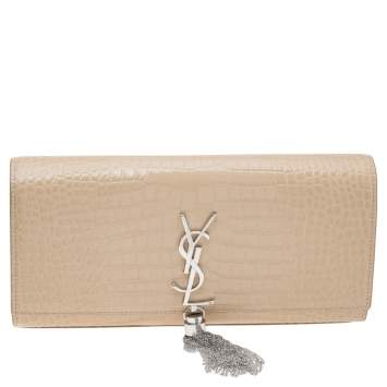 Pre Owned Saint Laurent Beige Croc Embossed Leather Kate Tassel Clutch