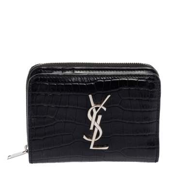 مملوكة مسبقًا Saint Laurent Black Croc Embossed Leather Monogram Compact Wallet