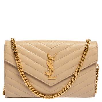 Pre Owned Saint Laurent Beige Matelassé Leather Monogram Envelope Wallet on Chain