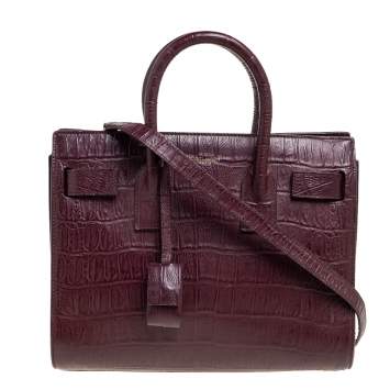Pre Owned Saint Laurent Burgundy Croc Embossed Leather Baby Classic Sac De Jour Tote