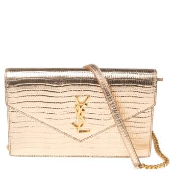 مملوكة مسبقًا Saint Laurent Gold Lizard Embossed Leather Uptown Wallet on Chain