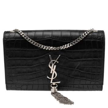 Pre Owned Saint Laurent Black Croc Embossed Leather Medium Kate Shoulder Bag